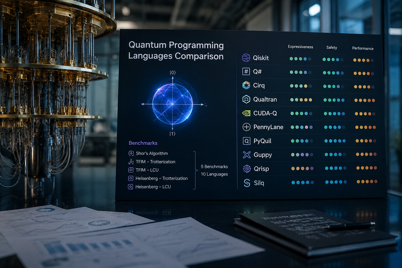 Editorial style scientific illustration showing multiple quantum programming environments converging toward quantum processors, representing the comparison of quantum software ecosystems and development approaches.