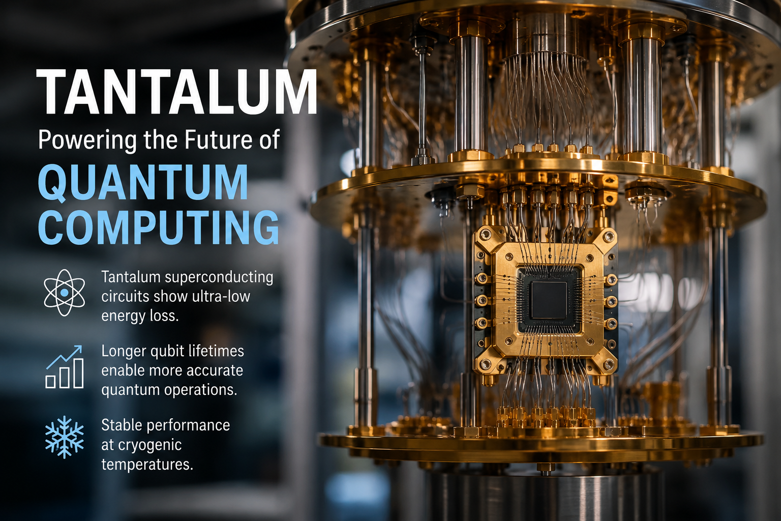 Illustration of superconducting quantum computing hardware highlighting tantalum as a promising material for improving qubit performance, reducing energy loss, and enabling next-generation quantum processors.