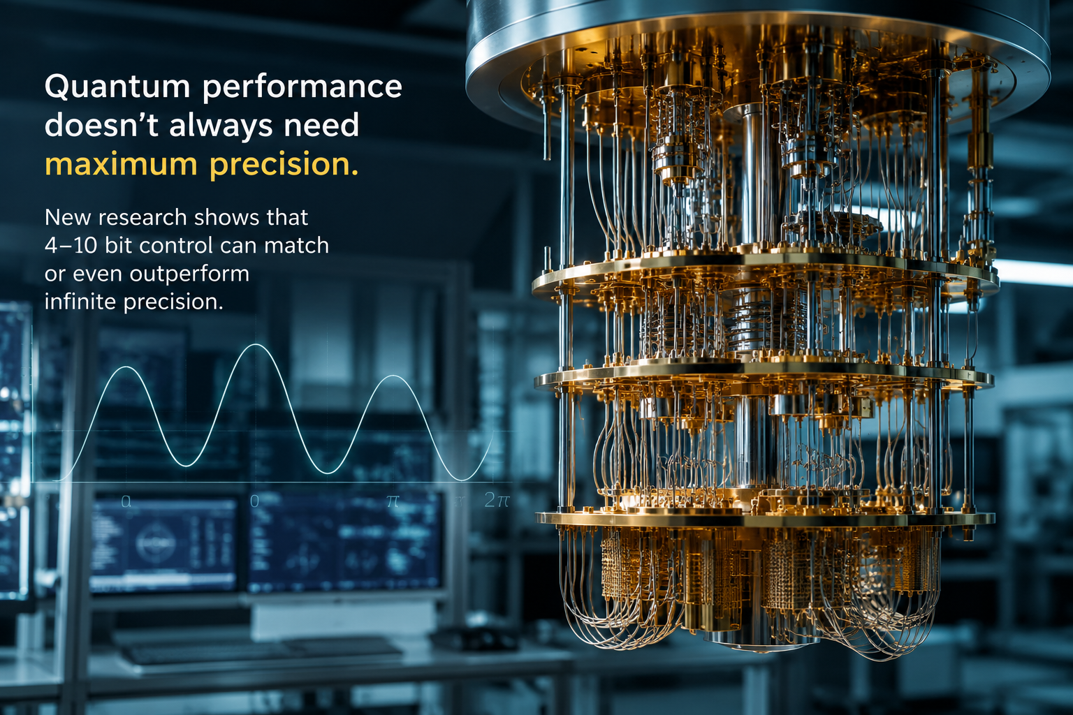 Quantum computer cryogenic control hardware illustrating how low-resolution control electronics can maintain high quantum machine learning performance while reducing power consumption.