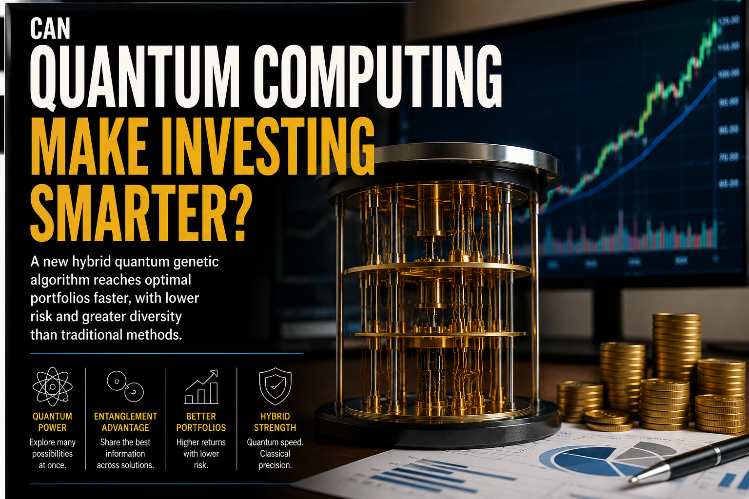 Hybrid Quantum Genetic Algorithm optimizing investment portfolios using quantum computing, financial market data, stock charts, and a Quantum Processing Unit.