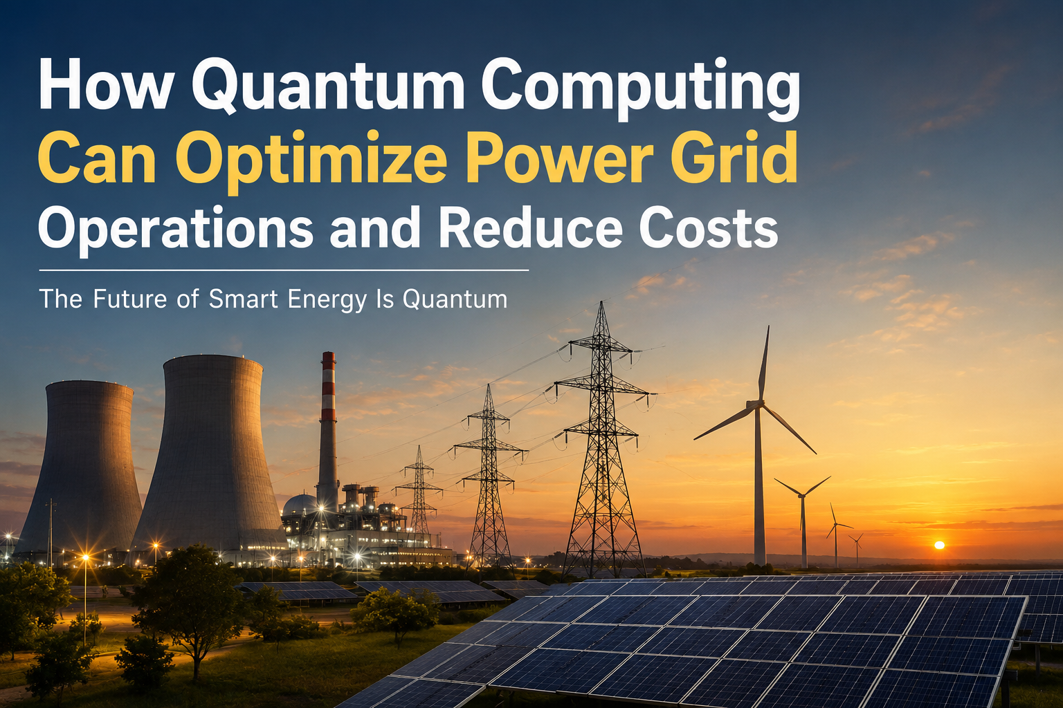 Quantum computing optimizing power grid scheduling with digital energy infrastructure, transmission lines, power plants, and quantum technology visualization representing the future of smart energy optimization.
