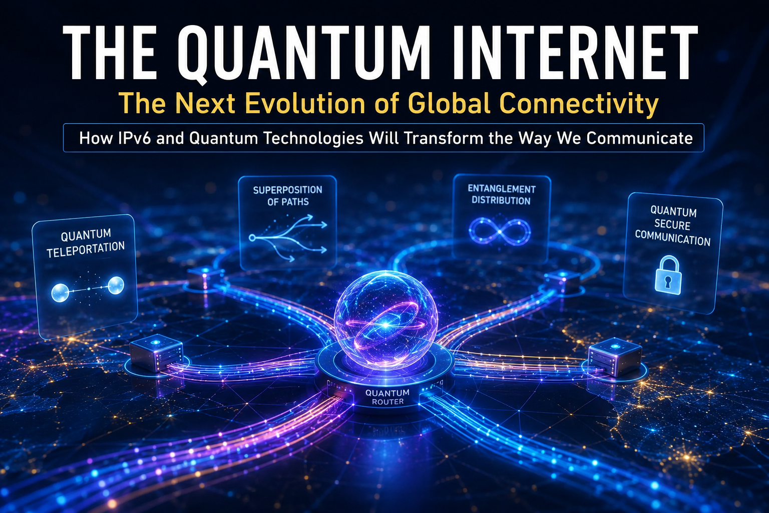 Future Quantum Internet concept showing quantum routers connected across a global network using IPv6-based quantum packet routing, quantum teleportation, entanglement, and multiple communication paths for next-generation quantum networking.