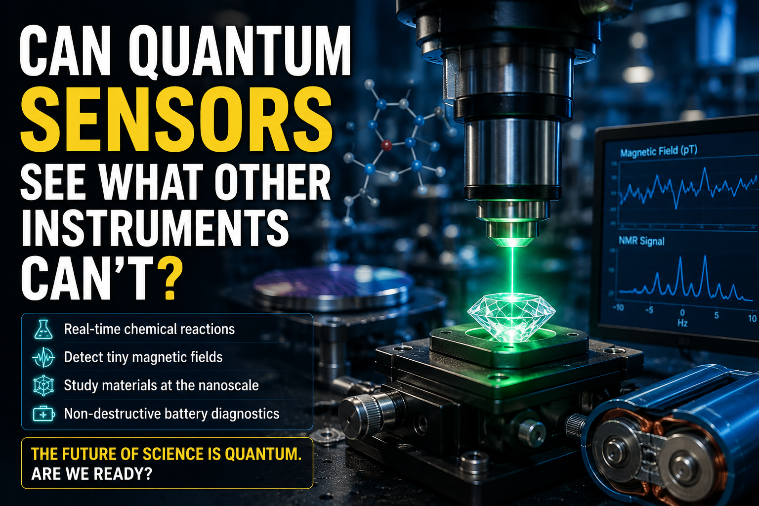 Photorealistic laboratory showing a diamond quantum sensor illuminated by a laser while measuring chemical reactions and advanced materials using quantum sensing technology.