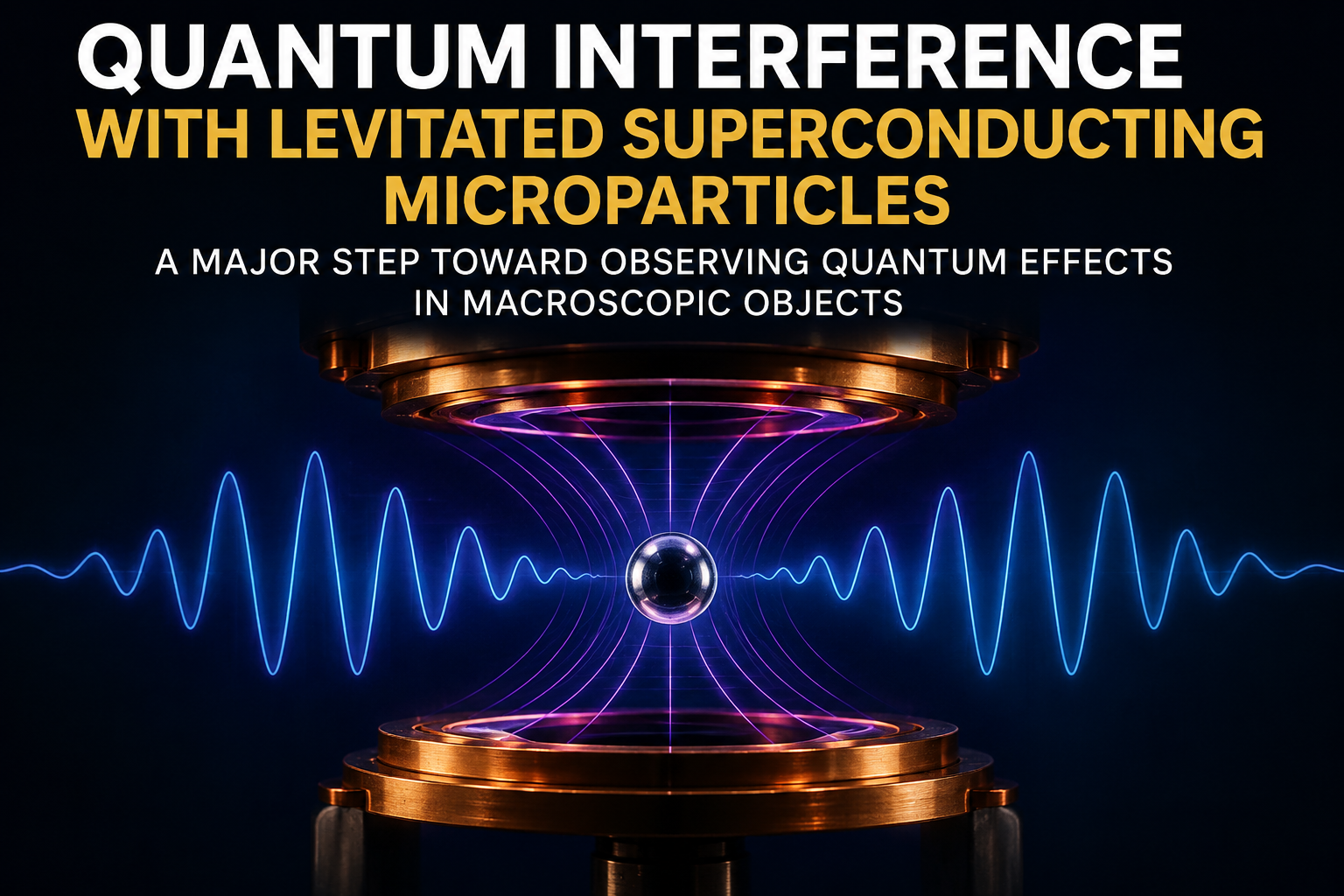 Illustration of a levitated superconducting microparticle suspended inside higher-order magnetic traps, visualizing quantum interference in a microscopic object at the boundary between quantum and classical physics.