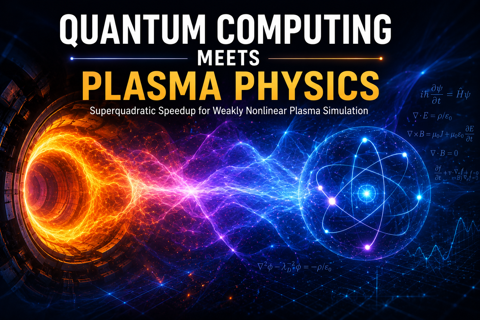 Illustration of a quantum computer connected to a glowing plasma field, representing a new quantum algorithm designed to simulate weakly nonlinear plasma for fusion energy and plasma physics research.