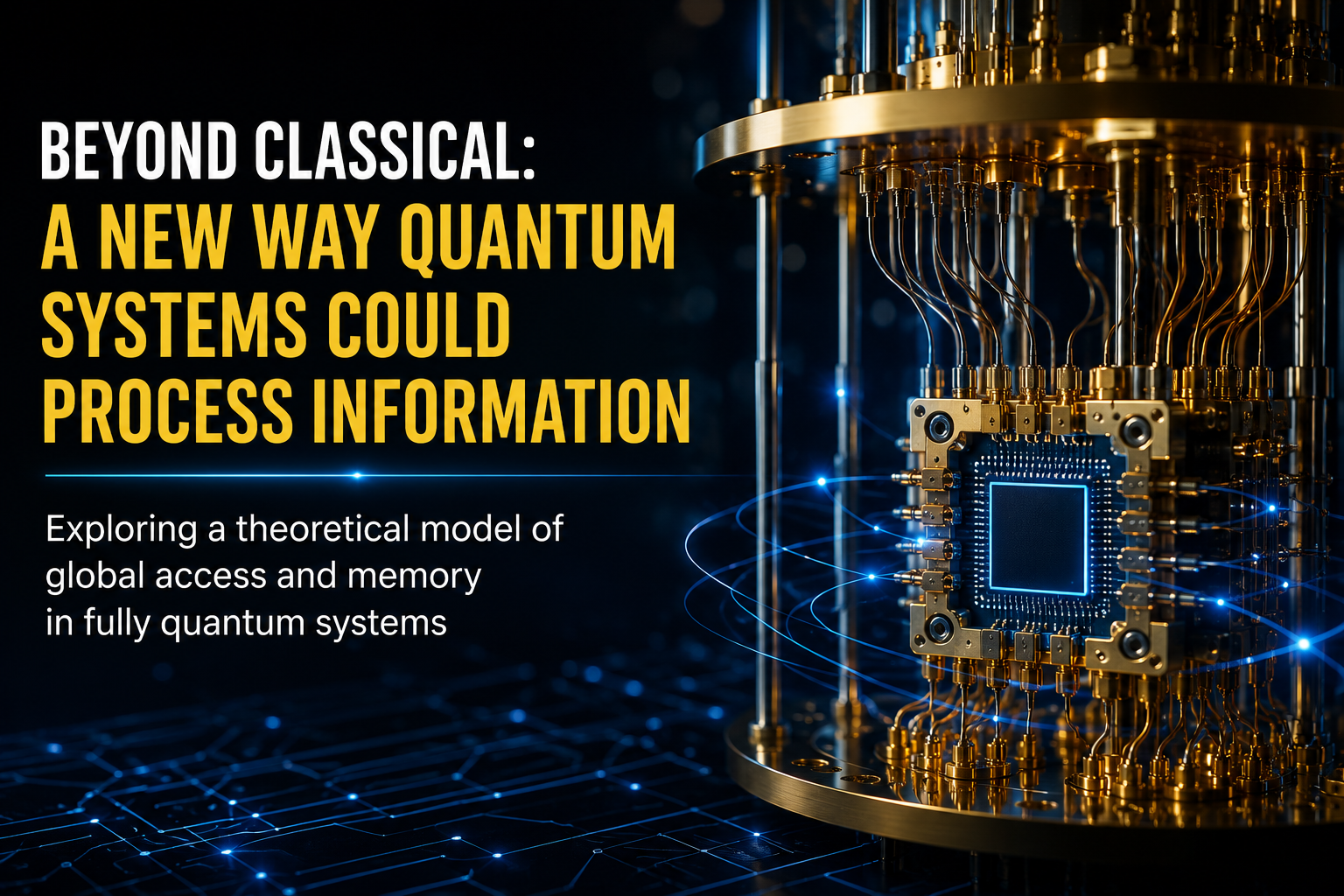 Conceptual illustration of a quantum computer showing information integration through quantum entanglement inside a fully quantum system.
