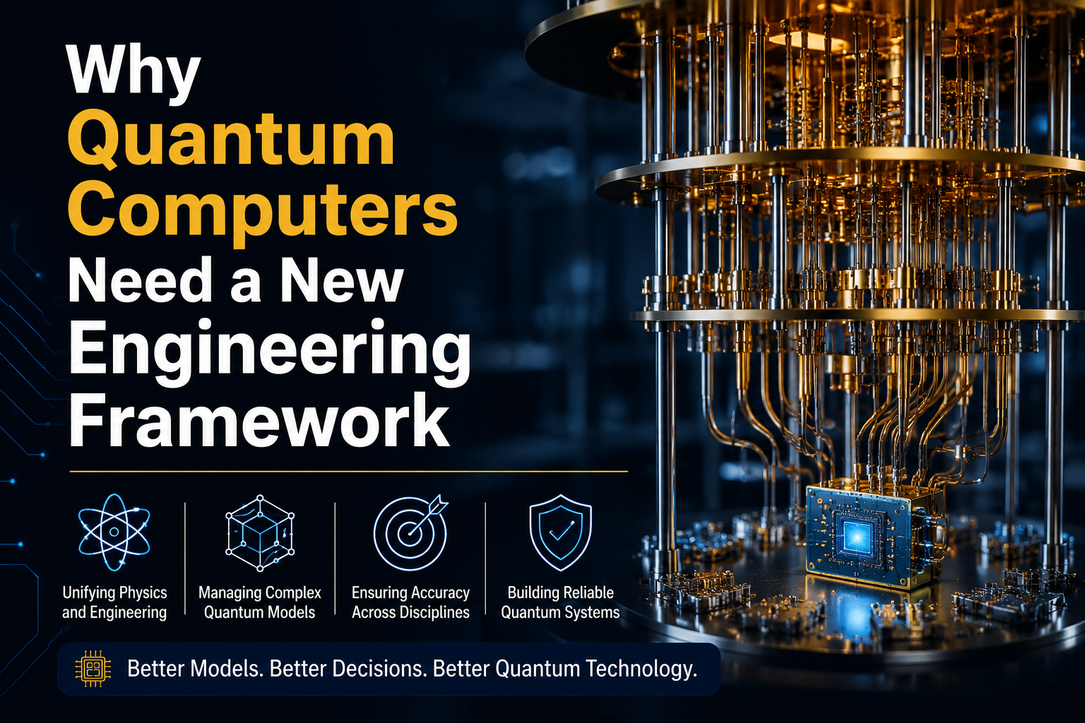 Professional illustration of a superconducting quantum computer representing the Quantum Systems Model Management Framework (QSysMM), highlighting the integration of quantum physics, hardware engineering, software engineering, and systems engineering to b