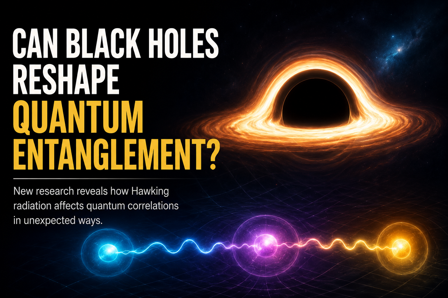 Illustration of a black hole interacting with entangled quantum particles, showing how Hawking radiation reshapes quantum information within the quantum atmosphere.