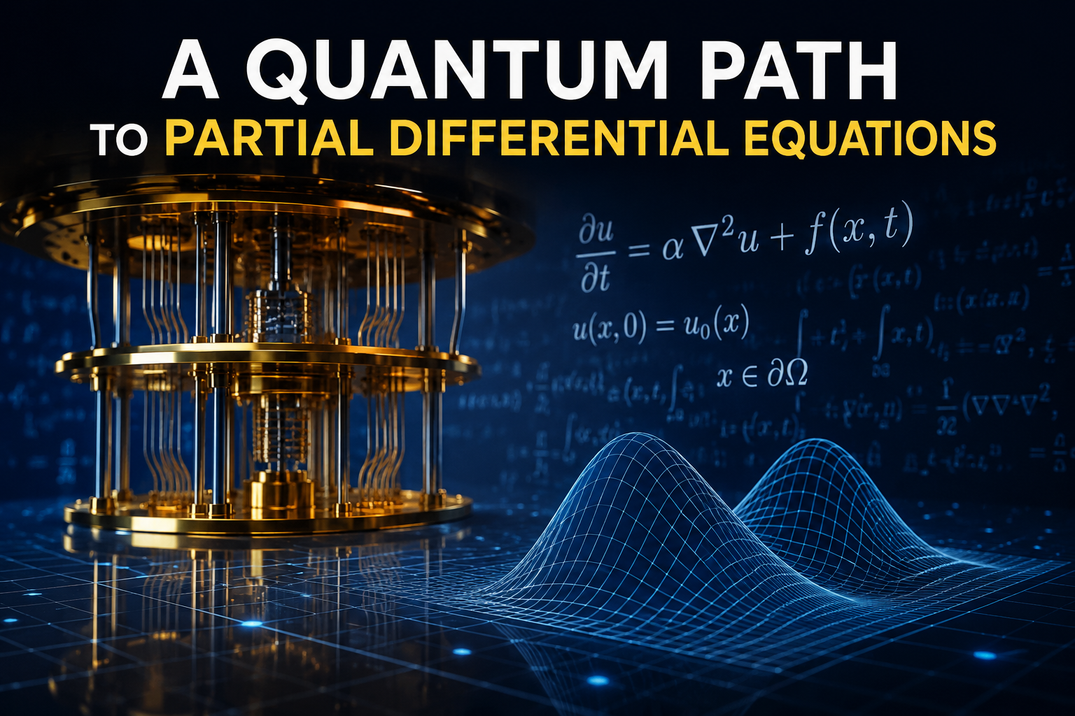 Illustration of a quantum computer processing partial differential equations with mathematical grids, wave simulations, and scientific computing concepts.