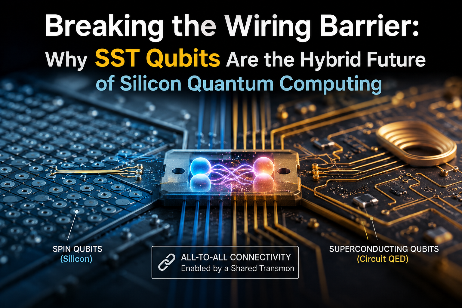 A futuristic quantum processor showing silicon quantum dots connected with superconducting circuits, representing scalable quantum computing hardware.