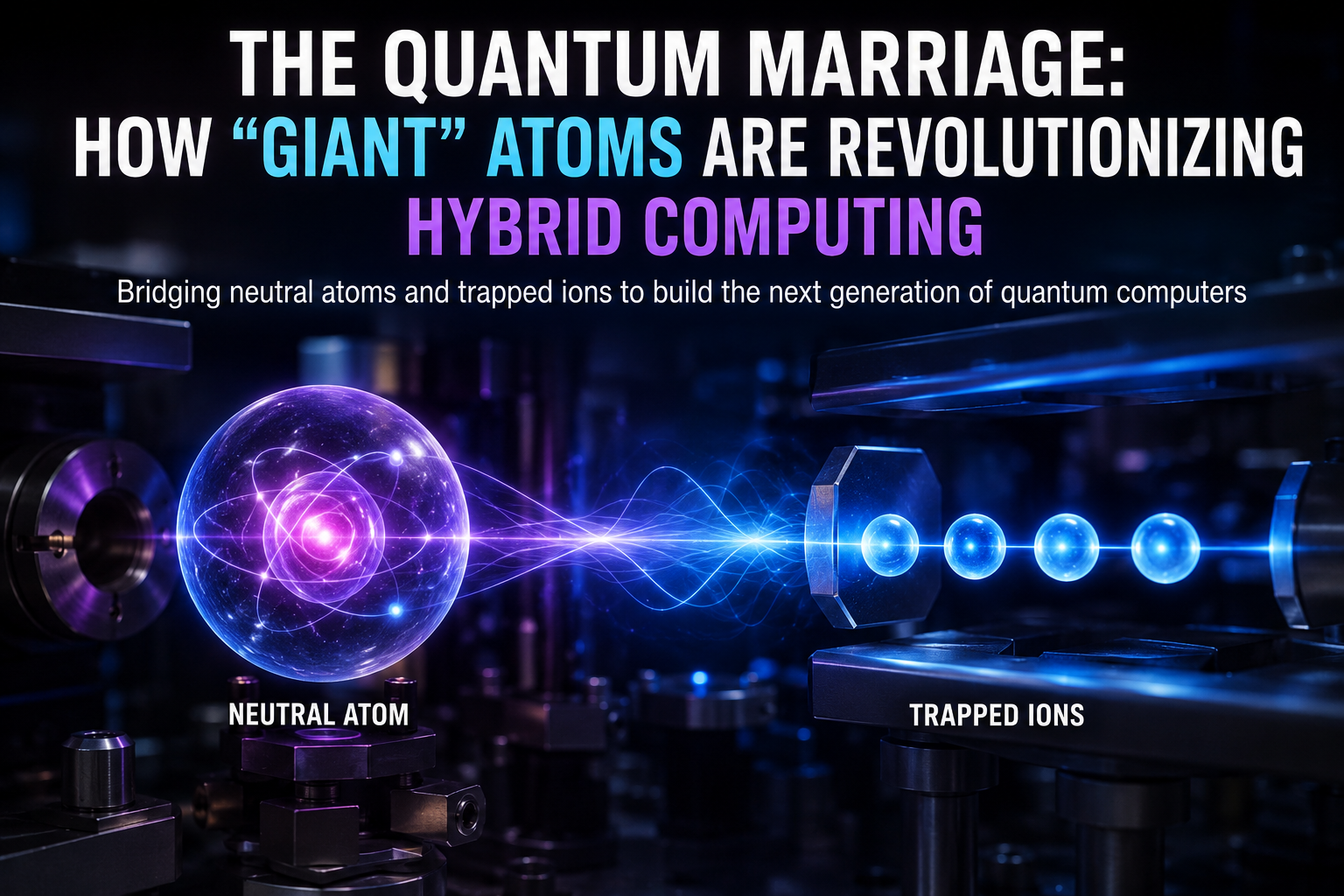 Illustration of a giant Rydberg atom interacting with a trapped-ion crystal inside a Paul trap, representing a hybrid quantum computing architecture that combines neutral atoms with trapped ions.