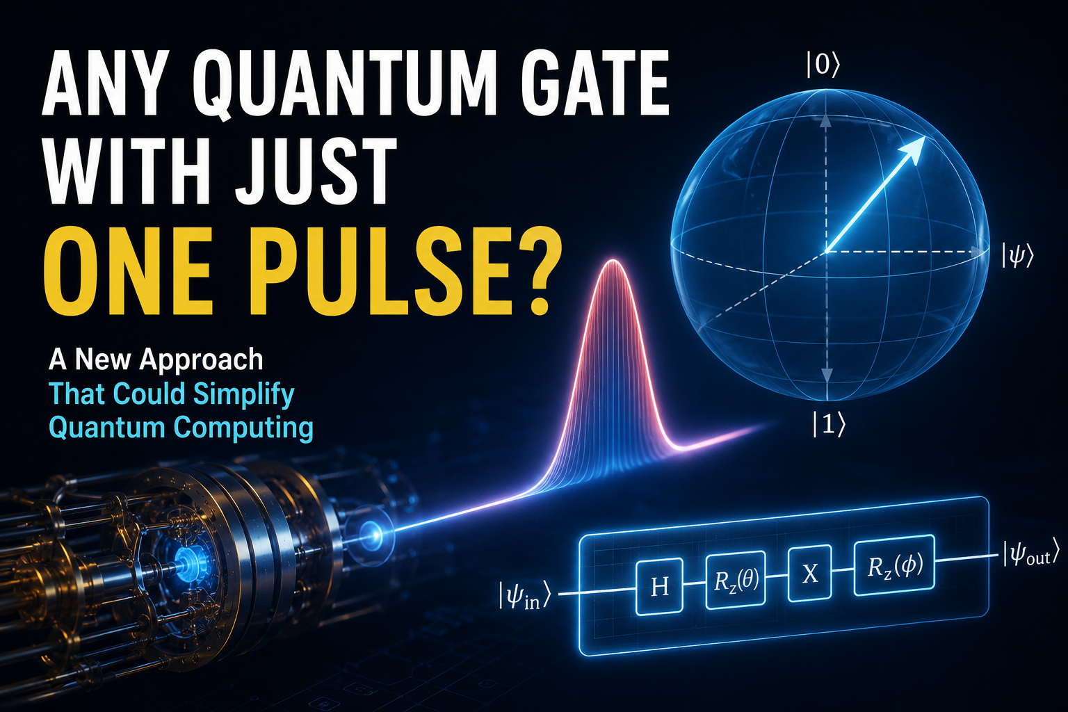 Illustration of a single qubit being controlled by one engineered electromagnetic pulse whose amplitude, frequency, and phase change continuously to implement a quantum gate.
